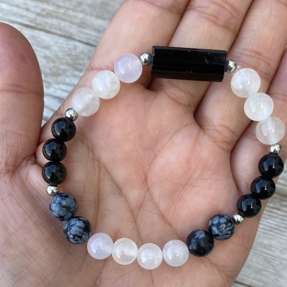 Elastic Gemstone Bracelet: Tourmaline, Selenite, and Snow Jasper